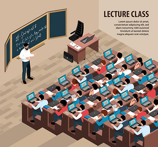 等距讲座课程背景,室内风景教授黑板前,学生用笔记本电脑矢量插图图片