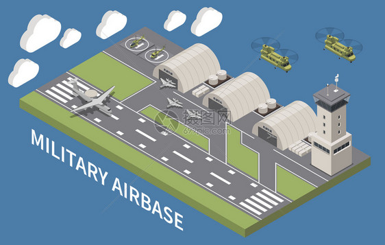 事空基地机场机坪设施与机库交通控制塔着陆飞机飞行直升机等距矢量插图图片