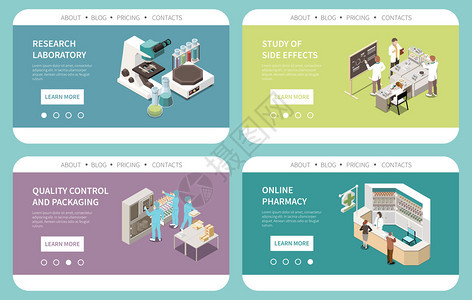 药品生产副作用实验室研究质量控制线销售4张等距卡网站矢量插图图片