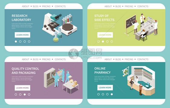 药品生产副作用实验室研究质量控制线销售4张等距卡网站矢量插图图片
