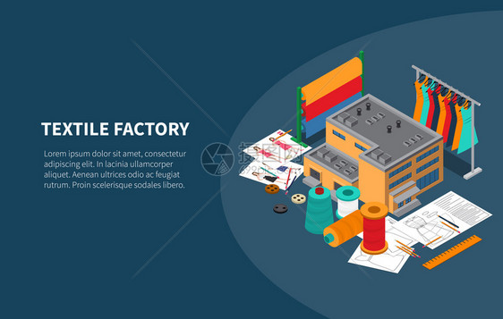 纺工业制造厂生产等距成与纱线物衣架背景横幅矢量插图图片