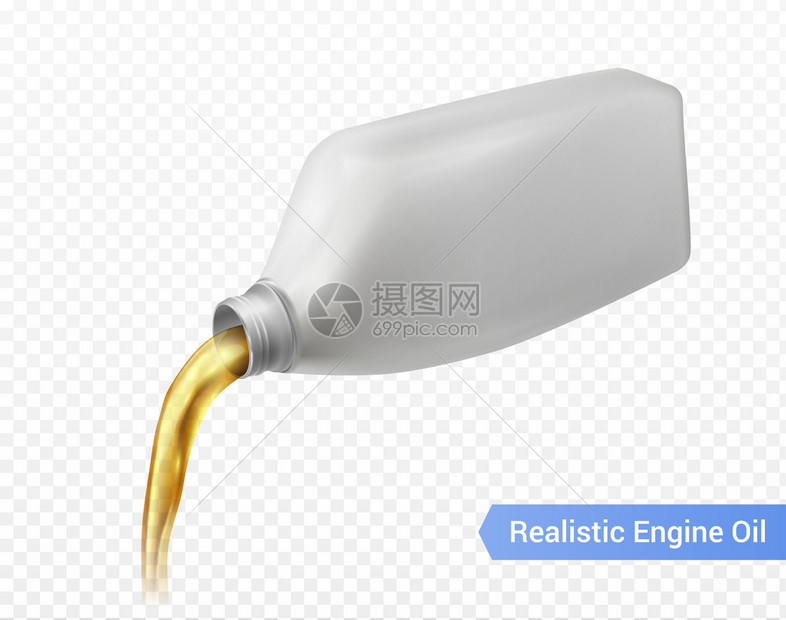 发动机油广告透明背景与汽车润滑剂溢出白色塑料瓶现实矢量插图图片