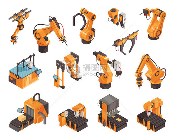 工厂机器人自动化机械等距图标白色背景三维矢量插图上图片
