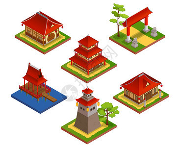亚洲建筑等距与房屋桥梁孤立矢量插图图片