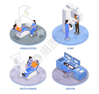 口腔医学临床等距图标与牙齿卫生符号孤立矢量插图图片