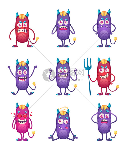 卡通怪物表情符号了九个趣的人物紫罗兰红色笑脸怪物矢量插图图片
