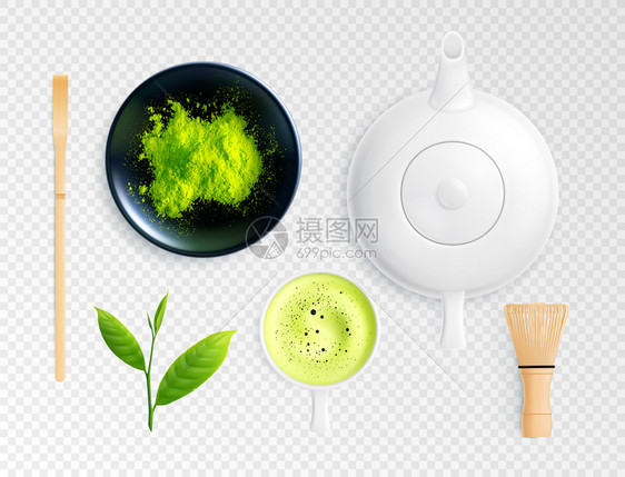 抹茶茶写实套与图像基本元素茶道透明背景矢量插图图片