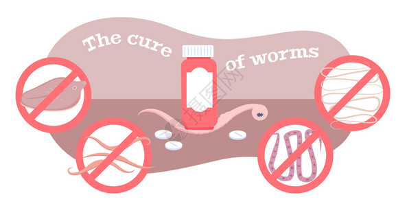肠道蠕虫治疗药物治疗人动物扁平成分与红色药片瓶载体插图图片