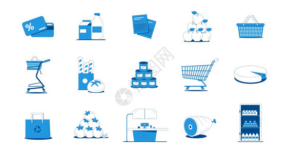 杂货店购物平图标蓝色白色蔬菜,包,肉类,水果,乳制品,袋卡,手推车,分离白色背景矢量插图图片