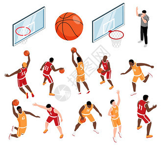 等距图标篮球运动员球篮裁判三维孤立矢量插图图片