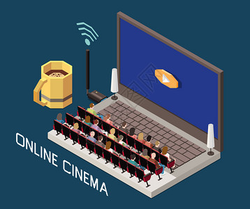电影院等距构图与笔记本电脑的图像与剧院礼堂人的座位与文本矢量插图图片
