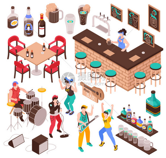 音乐酒吧等距家具为咖啡馆,饮料,音乐家,乐队舞蹈客人矢量插图图片