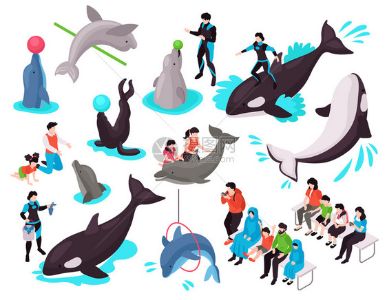 海豚馆等距与成人儿童角色看海豹海豚虎鲸表演练孤立矢量插图图片