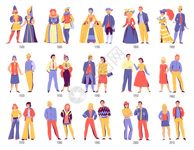 时尚历史服装中世纪现代的演变,情侣平集矢量插图图片