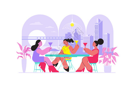 朋友女咖啡馆平构图与户外城市景观餐厅餐桌与饮酒女字矢量插图图片