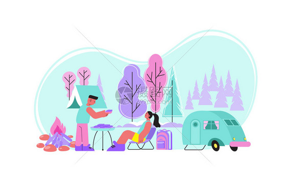 烧烤自然平构图与户外景观露营车人类夫妇良好的时间矢量插图图片