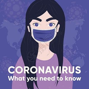 冠状病海报2019NCOV与个轻的女孩戴着医学具病爆发背景平矢量插图图片