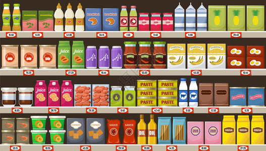 超市,货架上产品饮料矢量插图图片