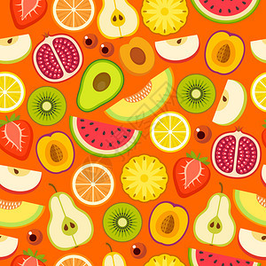 橙色背景上的热带水果无缝图案矢量插图图片