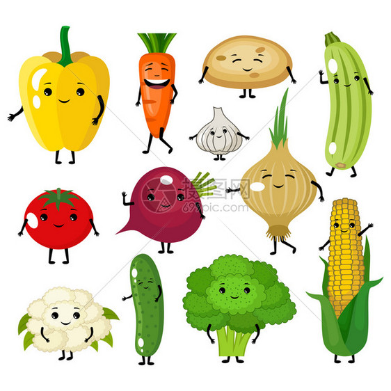 套可爱的蔬菜人物矢量插图图片
