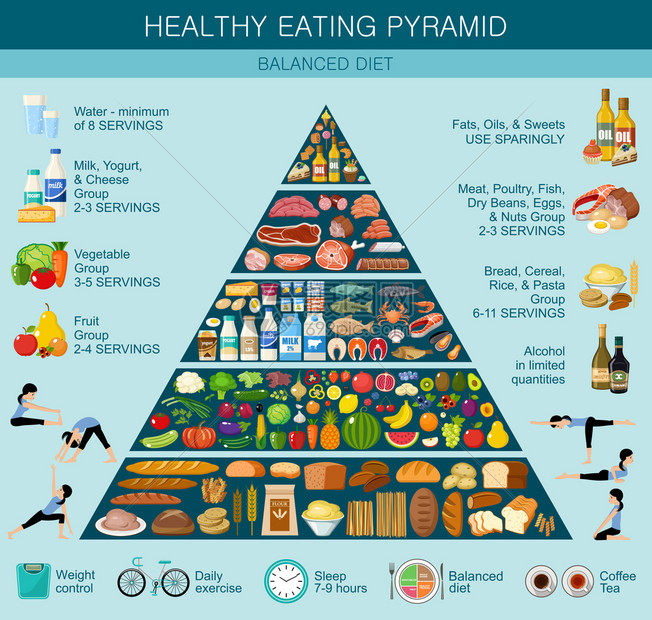 食物金字塔健康饮食信息图健康生活方式的建议矢量平插图