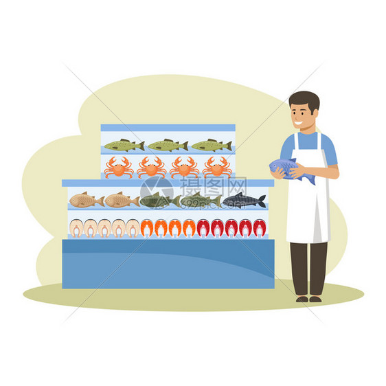 超市海鲜冰箱鱼店卖方矢量平插图图片