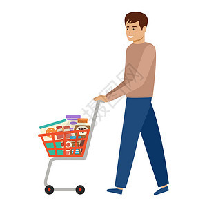 带产品的人购物车健康食品超市手推车矢量插图图片