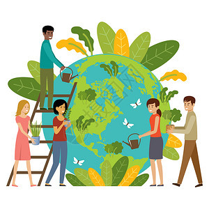 生态人们关心地球保护自然地球日地球与植物志愿者矢量插图图片