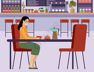 咖啡馆里的女人正喝咖啡自助餐厅酒吧内部矢量平插图图片