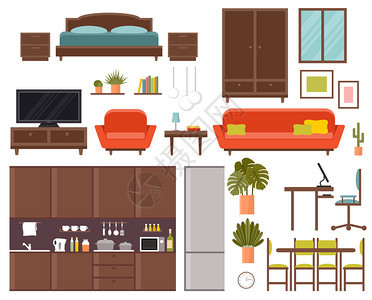 家具套装卧室,厨房,餐厅矢量平插图图片