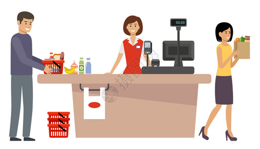 支付女孩杂货店排队购物车带食物的篮子的人矢量平插图插画