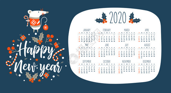 用鼠标份的符号表示2020日历新快乐可爱的老鼠被诞装饰包围着矢量插图2020日历与鼠标份的符号矢量图片