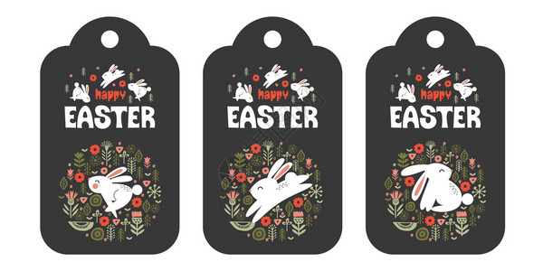 三个标签复活节快乐可爱的兔子个圆形的春天花图案矢量插图黑色背景上的贺卡套三个标签复活节快乐可图片