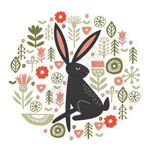 野兔嫩嫩的春花中圆形花卉装饰矢量插图趣的黑色兔子个圆形的花卉图案白色背景上的矢量插图图片