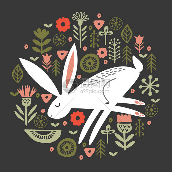 矢量插图兔子个圆形的花图案,个黑暗的背景上趣的白色兔子个圆形的花图案黑暗背景上的矢量插图图片