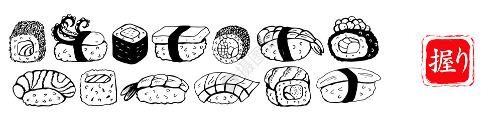 手寿司寿司卷,黑色矢量线白色背景上绘制同的寿司种类Maki,Nigiri,Gunkan,Temaki日本食品菜单元素插画