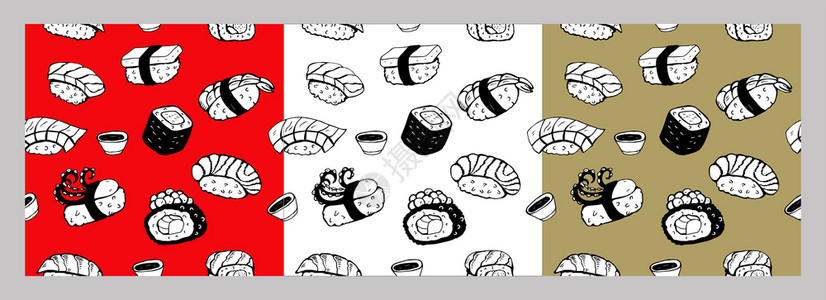 无缝图案寿司卷,黑色矢量线绘制红色,白色金色背景同的寿司种类Maki,Nigiri,Gunkan,Temak图片