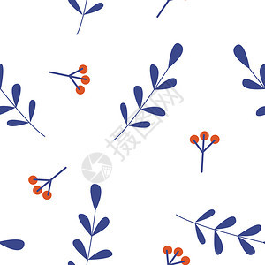白色背景上的无缝图案树枝上的小浆果白色背景上的无缝花卉图案矢量插图图片