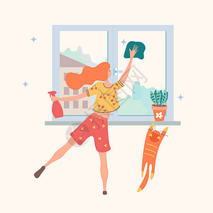 家庭作业可爱的女孩洗窗户窗台上个花盆只红猫试图爬上窗台矢量插图房屋清洁光背景上的矢量插图女孩图片