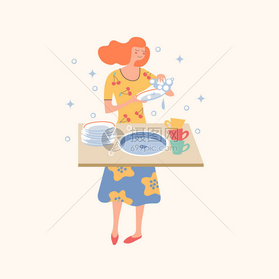 家庭作业个穿着五颜六色衣服的开朗女孩洗碗光背景上的矢量插图家庭作业个女孩洗盘子矢量插图图片
