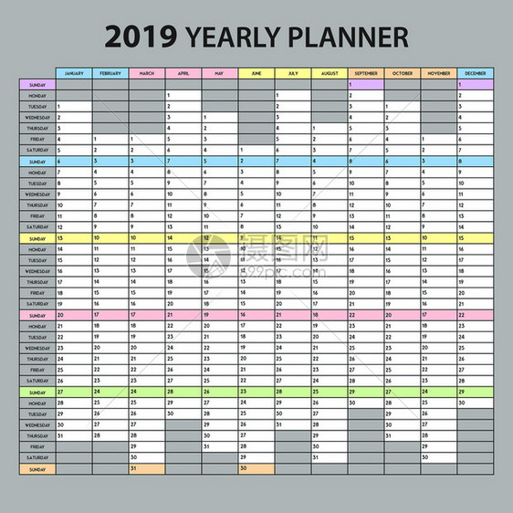 度规划师2019办公室任命任务管理概述日历灰色背景矢量插图的现实可打印模板度规划师2019图片