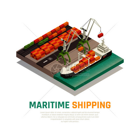 海运等距成说明货物装载驳船海港矢量插图图片