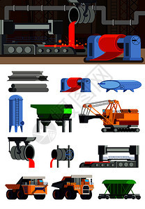钢铁生产铸造设备机械矿石开采运输成套平图标孤立矢量插图背景图片
