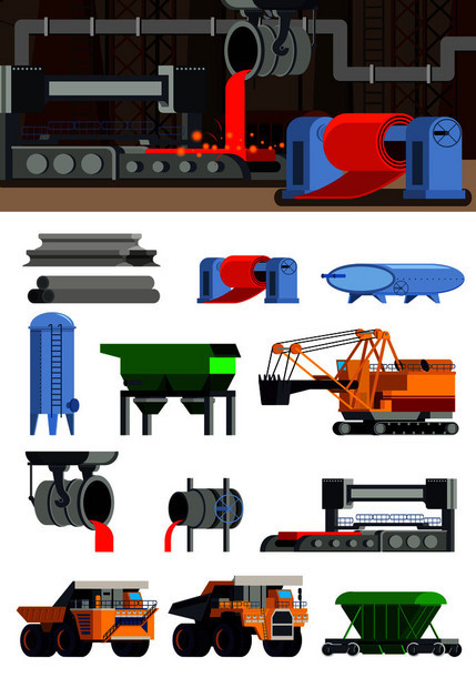 钢铁生产铸造设备机械矿石开采运输成套平图标孤立矢量插图图片