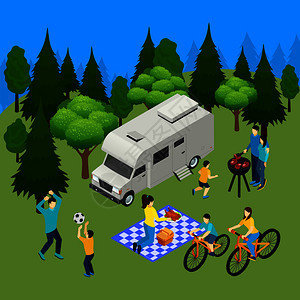 家庭野餐夏季户外等距构图与露营者森林烧烤午餐骑自行车打球矢量插图家庭野餐等距成背景图片