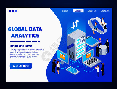 全球数据分析专业人员主页辉光等距网站与云无线接入技术矢量插图背景图片