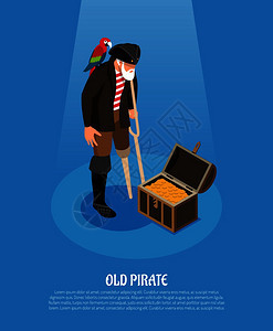 旧海盗与木腿鹦鹉附近的宝藏胸部等距构图蓝色背景矢量插图图片