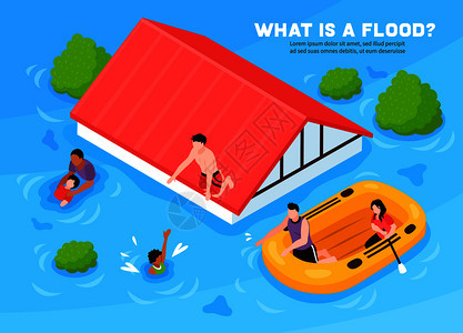 什么洪水等距海报,人们离开他们的房子充气船矢量插图图片