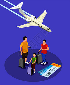 旅行人员携带行李登机牌等距成与飞机紫罗兰背景矢量插图背景图片