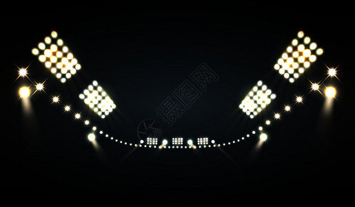 体育场泛光灯现实背景与明亮的灯光符号矢量插图图片